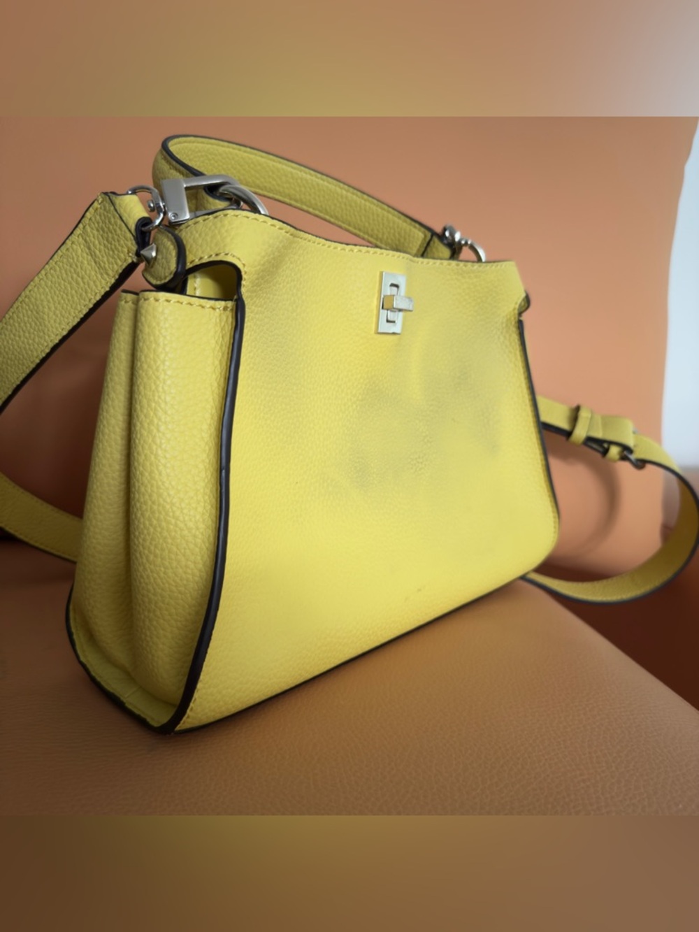 Guess Women's Uptown Chic Large Turnlock Satchel - Yellow *Stained on the back* - Picture 5 of 11